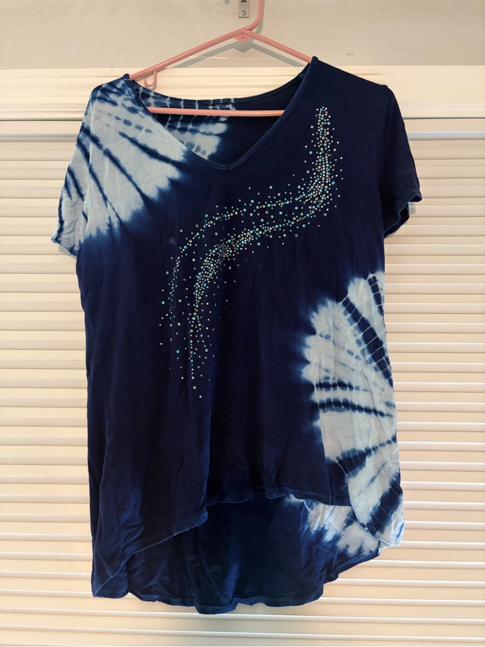 Women’s Navy Tie-Dye V-Neck Top with Embellishment